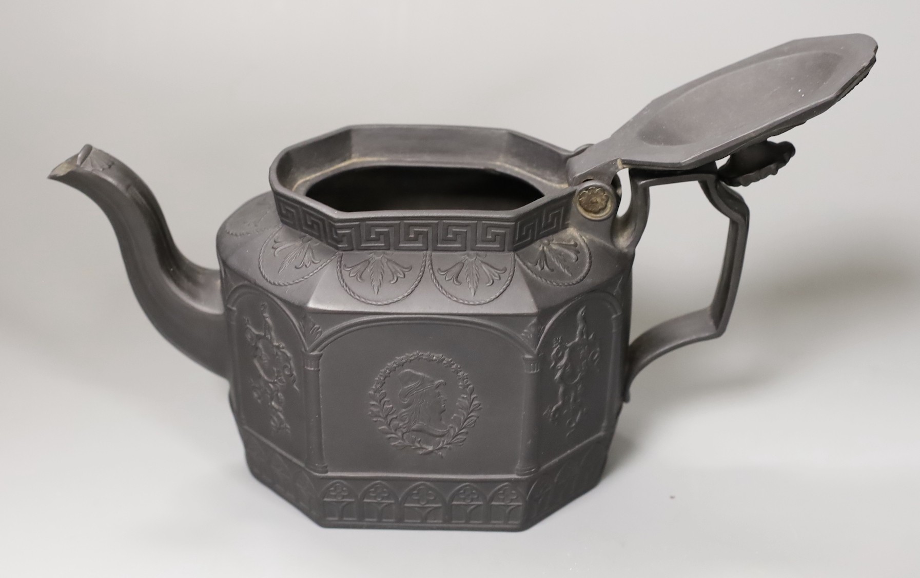 A 19th century American commemorative black basalt teapot 14.5cm